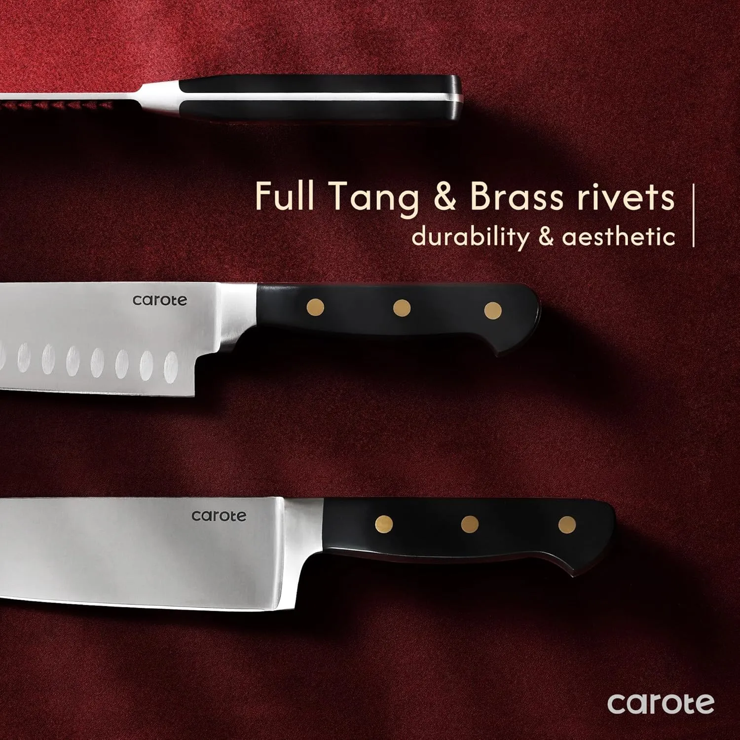 CAROTE 11 Pieces Knife Set with Block for kitchen, Stainless Steel Razor-Sharp Blade, Triple Riveted Ergonomic Handle, Wooden Magnetic Block, Essential Knife Block Set, Black