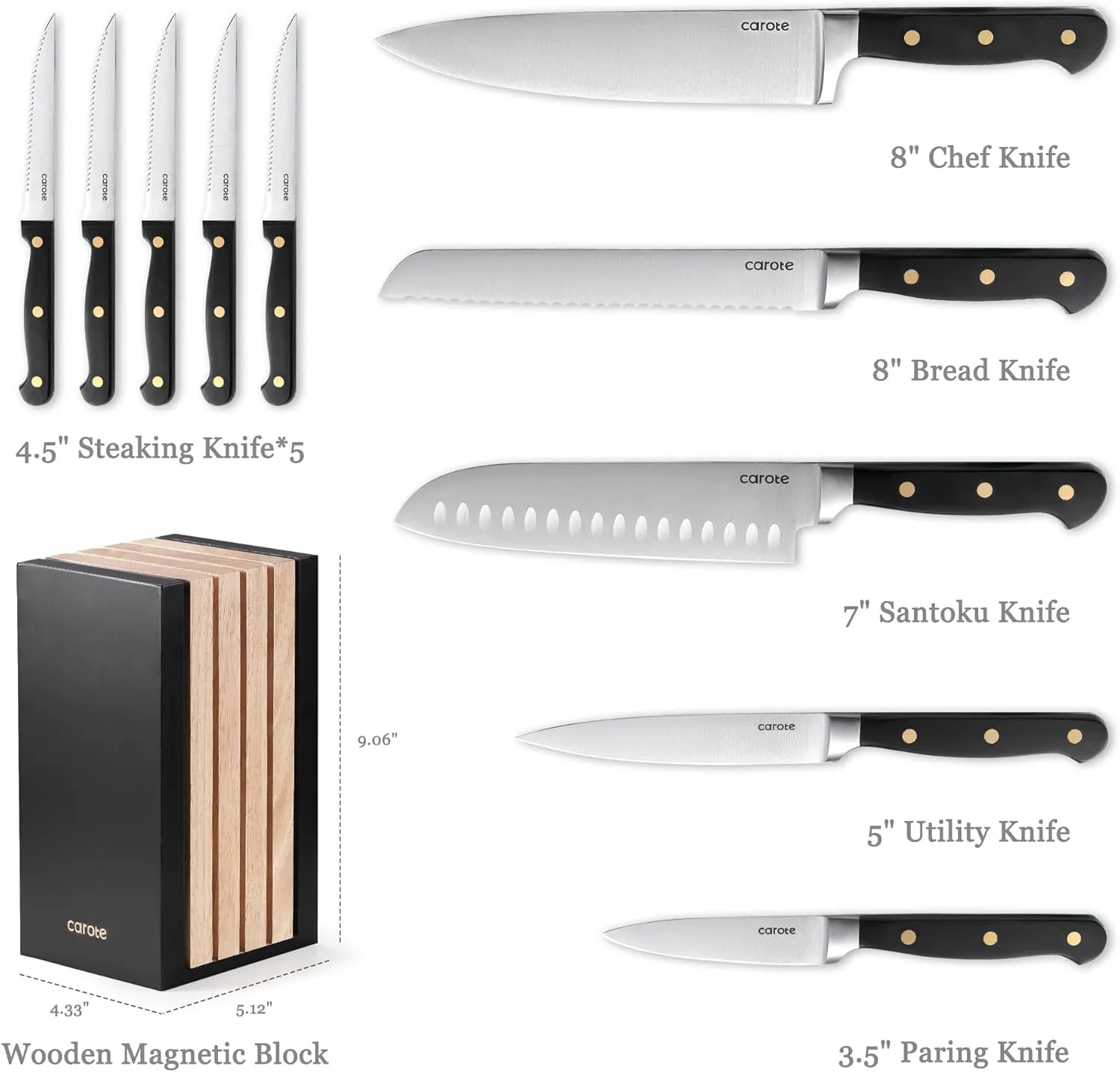 CAROTE 11 Pieces Knife Set with Block for kitchen, Stainless Steel Razor-Sharp Blade, Triple Riveted Ergonomic Handle, Wooden Magnetic Block, Essential Knife Block Set, Black