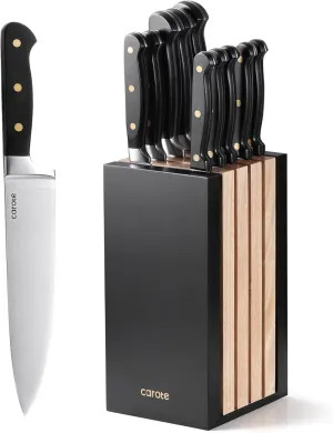 CAROTE 11 Pieces Knife Set with Block for kitchen, Stainless Steel Razor-Sharp Blade, Triple Riveted Ergonomic Handle, Wooden Magnetic Block, Essential Knife Block Set, Black