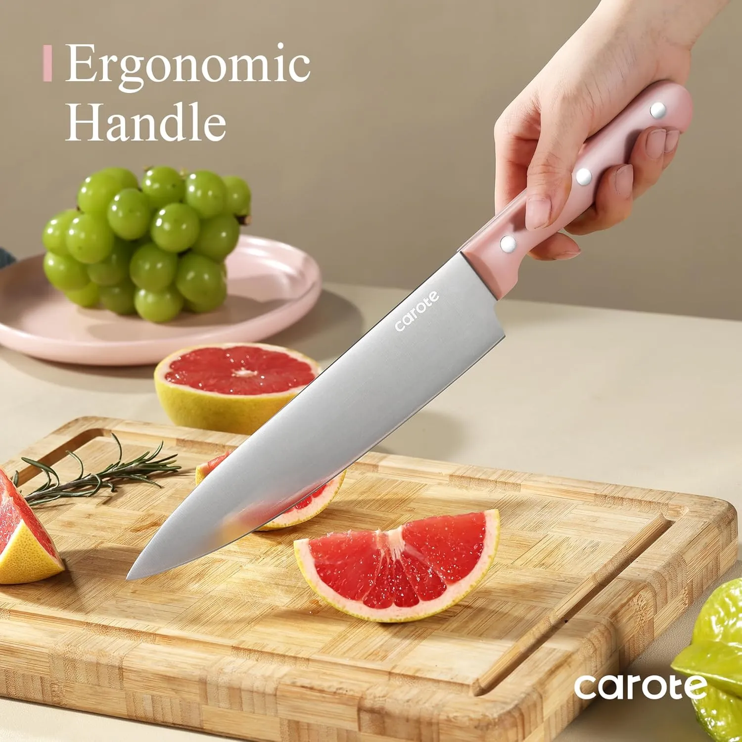 CAROTE 14 Pieces Knife Set with Block, Forged, High Carbon Stainless Steel Sharp Blade Block Knife Set, Dishwasher Safe Cutlery, Sandstone Pink