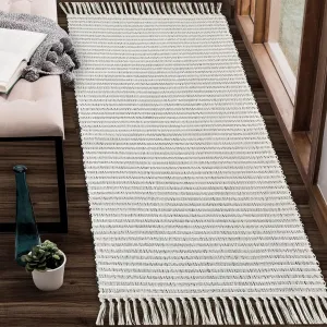 Chardin home Black & Ivory Providence Throw Rug 2x6 feet |Hand Woven Farmhouse Rug | Great in Kitchens entryways doormats Bathrooms Meditation Mat | Machine Washable & Reversible Cotton Rug