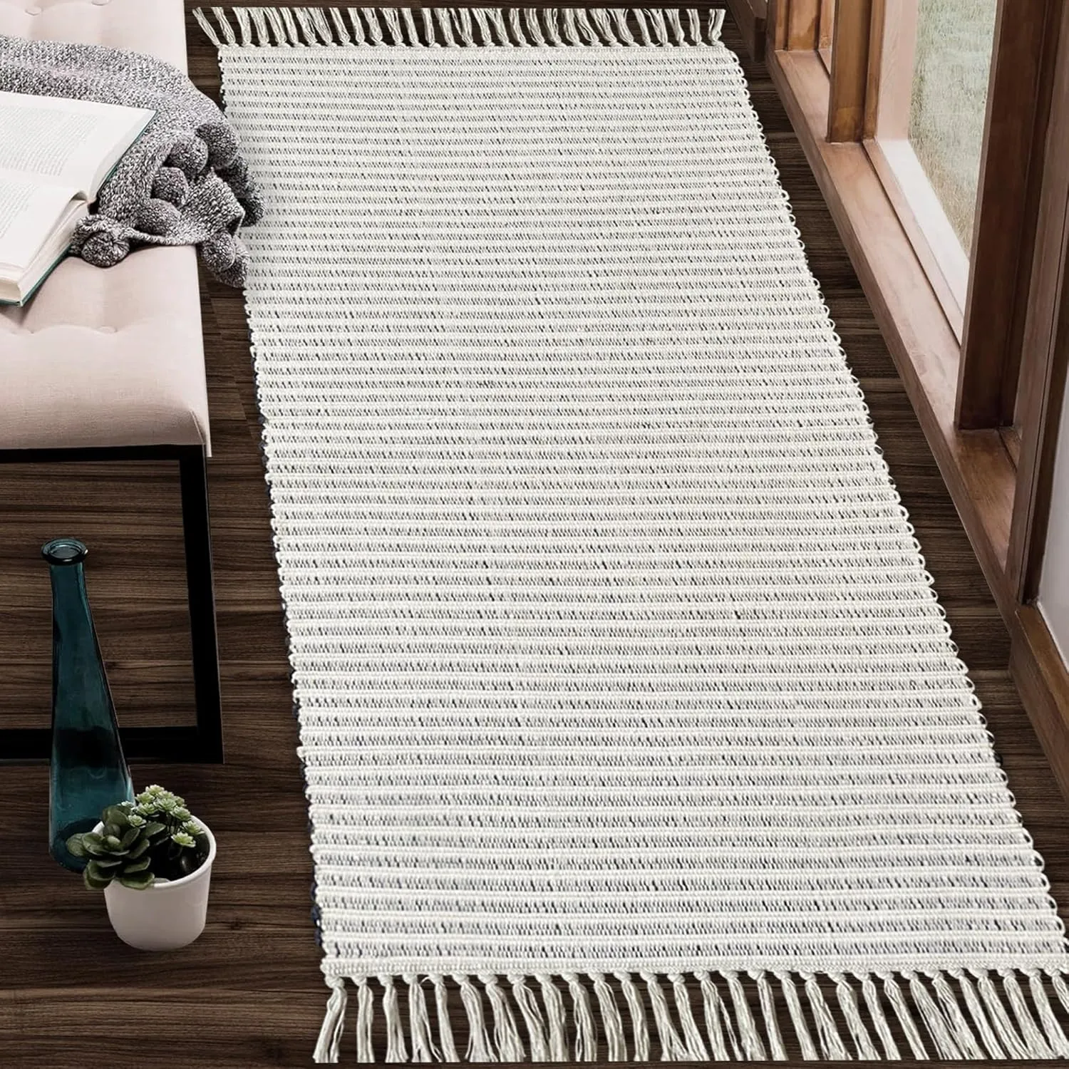 Chardin home Black & Ivory Providence Throw Rug 2x6 feet |Hand Woven Farmhouse Rug | Great in Kitchens entryways doormats Bathrooms Meditation Mat | Machine Washable & Reversible Cotton Rug