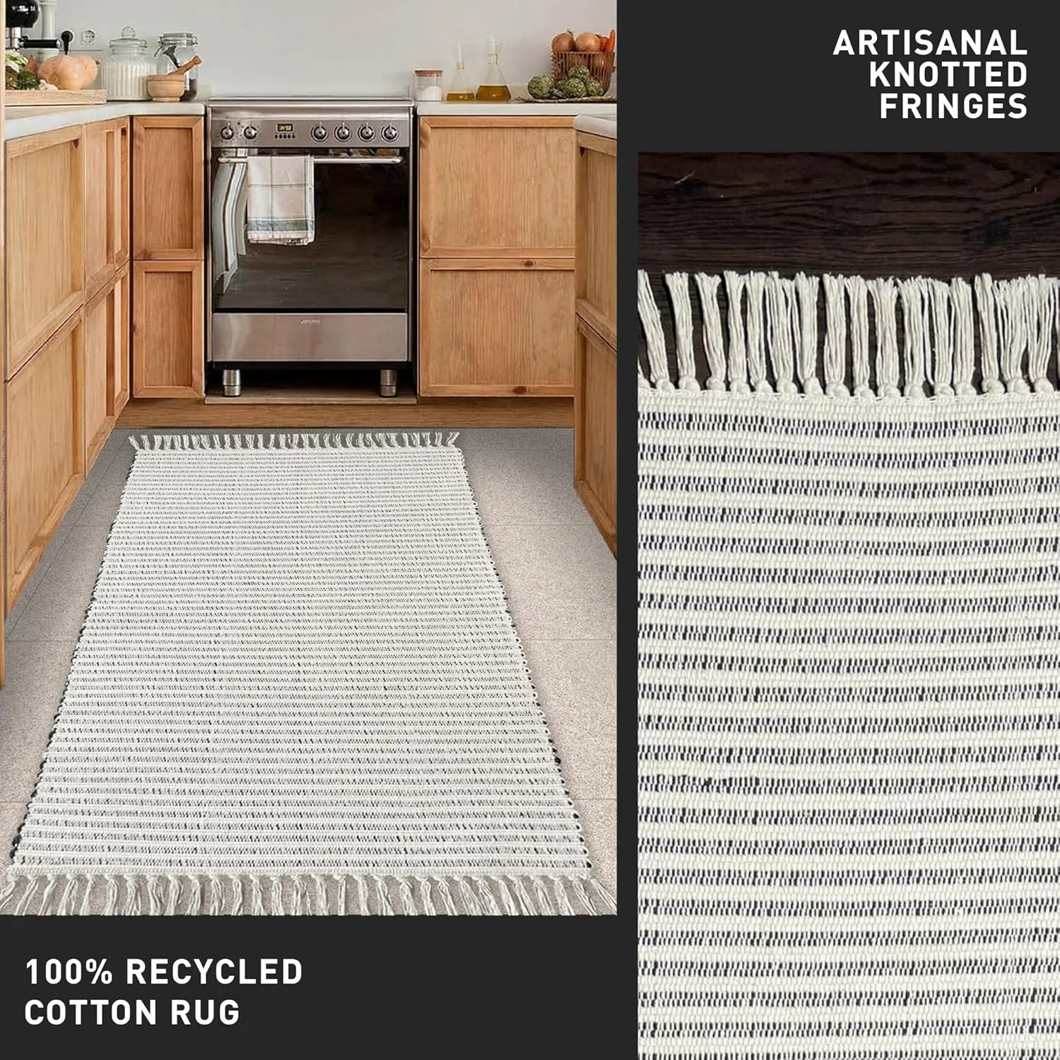 Chardin home Black & Ivory Providence Throw Rug 2x6 feet |Hand Woven Farmhouse Rug | Great in Kitchens entryways doormats Bathrooms Meditation Mat | Machine Washable & Reversible Cotton Rug
