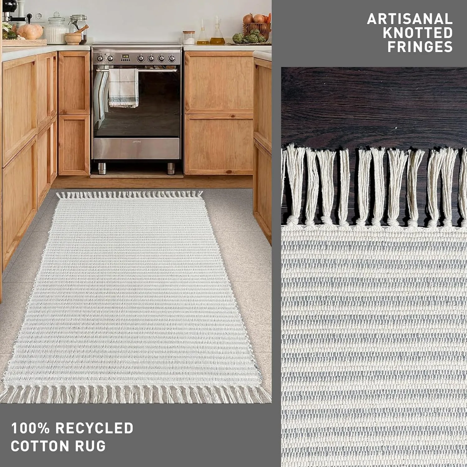 Chardin Home Grey & Ivory Providence Throw, 2x6 Feet | Hand Woven Farmhouse, Great in Kitchens Entryways Doormats Bathrooms Meditation Mat | Machine washable & Reversible Cotton
