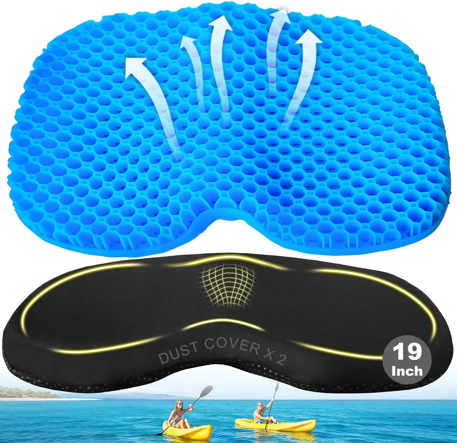 CHERAINTI Kayak Seat Cushion with 2 Cloth Covers, 19" Waterproof Gel Seat Cushion for Long Sitting, Thicken Non-Slip Pressure Relief Pad for Sit in Canoe Boat, Kayak Accessories for Fishing Rowing