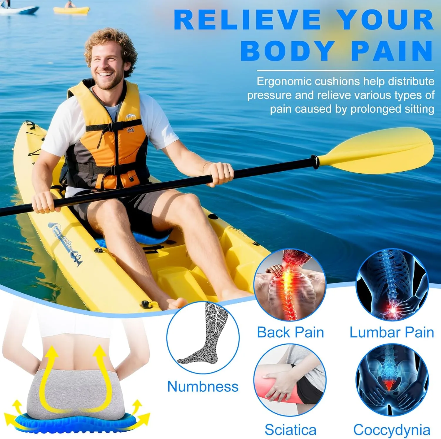 CHERAINTI Kayak Seat Cushion with 2 Cloth Covers, 19" Waterproof Gel Seat Cushion for Long Sitting, Thicken Non-Slip Pressure Relief Pad for Sit in Canoe Boat, Kayak Accessories for Fishing Rowing