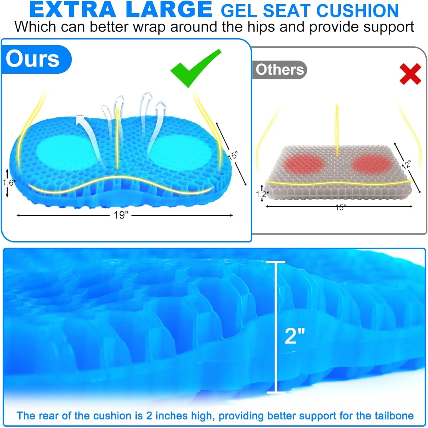 CHERAINTI Kayak Seat Cushion with 2 Cloth Covers, 19" Waterproof Gel Seat Cushion for Long Sitting, Thicken Non-Slip Pressure Relief Pad for Sit in Canoe Boat, Kayak Accessories for Fishing Rowing
