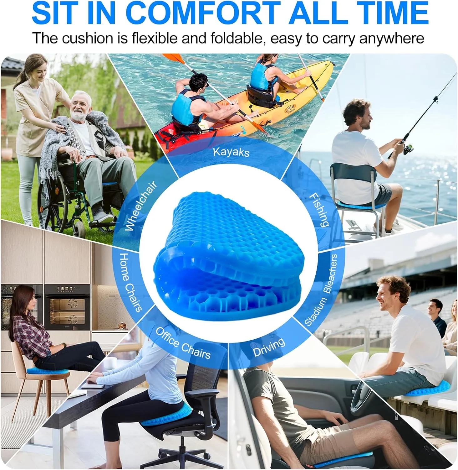 CHERAINTI Kayak Seat Cushion with 2 Cloth Covers, 19" Waterproof Gel Seat Cushion for Long Sitting, Thicken Non-Slip Pressure Relief Pad for Sit in Canoe Boat, Kayak Accessories for Fishing Rowing