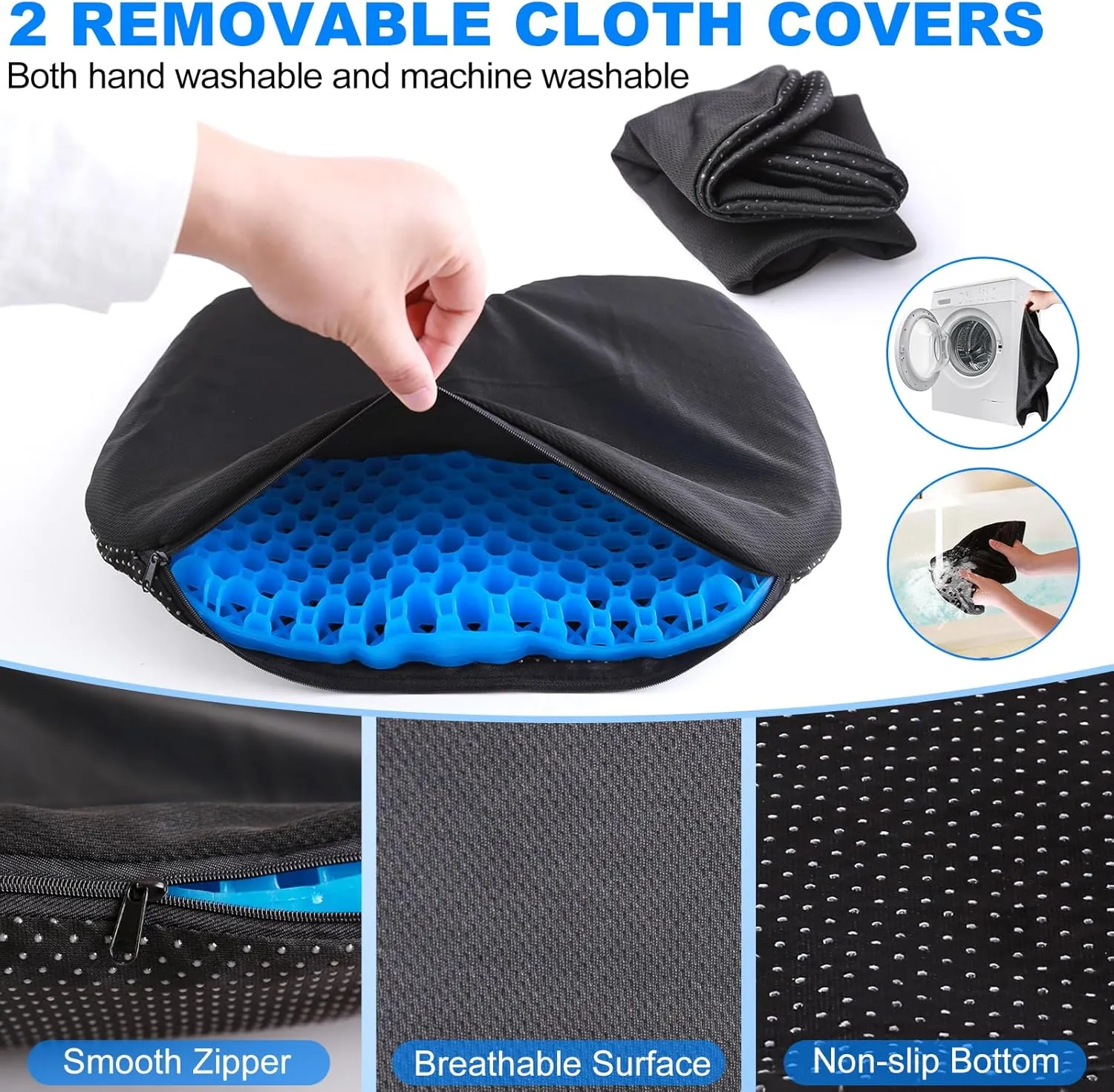 CHERAINTI Kayak Seat Cushion with 2 Cloth Covers, 19" Waterproof Gel Seat Cushion for Long Sitting, Thicken Non-Slip Pressure Relief Pad for Sit in Canoe Boat, Kayak Accessories for Fishing Rowing