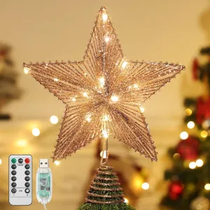 Christmas Star Tree Topper, USB Powered Remote Controlled 6H Timer Tree Star with Lights and Sequins, Christmas Tree Topper Lighted for Home Holiday Xmas Tree Christmas Decoration, Rose Gold