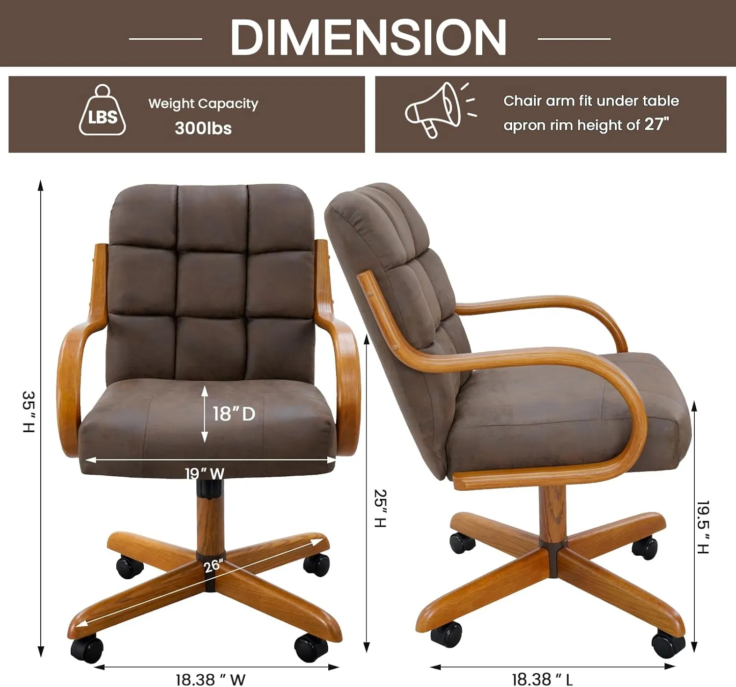 Chromcraft Douglas Set of 4 Casual Dining Chairs Caster Swivel Tilt Dinning Chairs Ultra Comfortable Sturdy Kitchen Chairs with Rolling Wheels for Home Kitchen(Mocha-Chestnut)