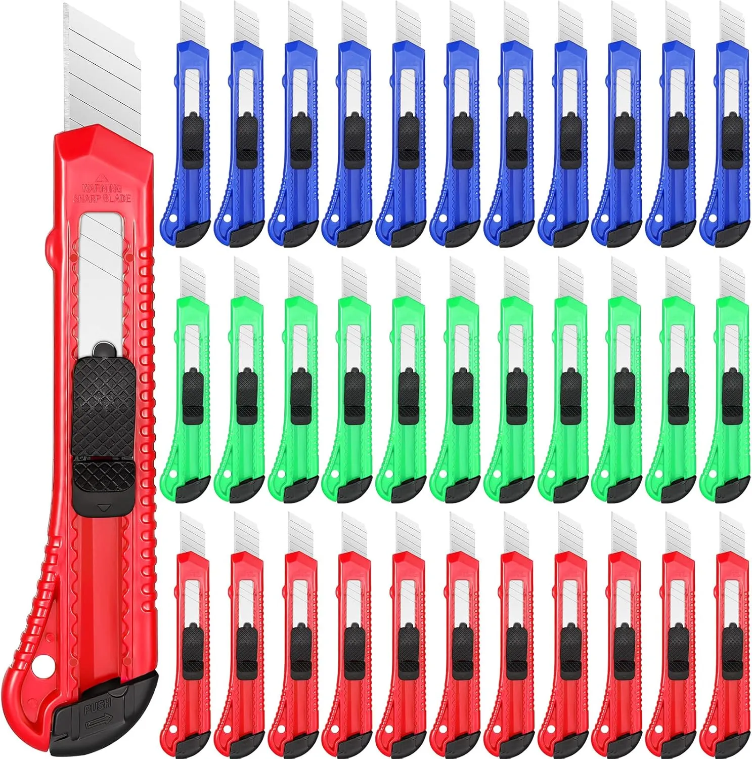 Chumia 60 Pack Box Cutter Utility Knife Bulk 18 mm Wide Blade Plastic Cutter Retractable Compact Extended Safe Use for Office Studio Home Arts Crafts Handwork, 3 Colors