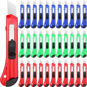 Chumia 60 Pack Box Cutter Utility Knife Bulk 18 mm Wide Blade Plastic Cutter Retractable Compact Extended Safe Use for Office Studio Home Arts Crafts Handwork, 3 Colors