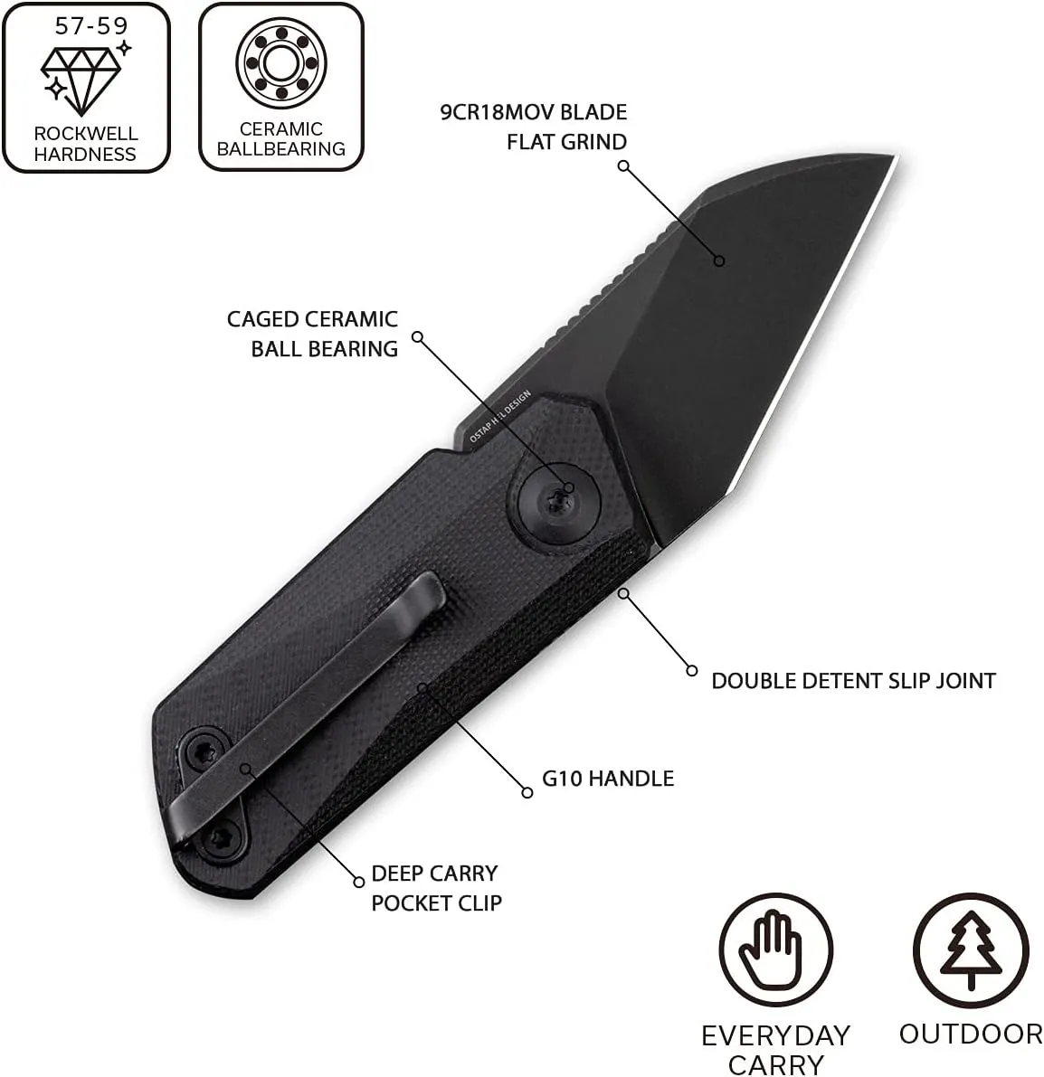 CIVIVI Ki-V Front Flipper Pocket Knife, Double Detent Slip Joint Small Folding Knife with Deep Carry Pocket Clip For Easy EDC C2108B (Black)