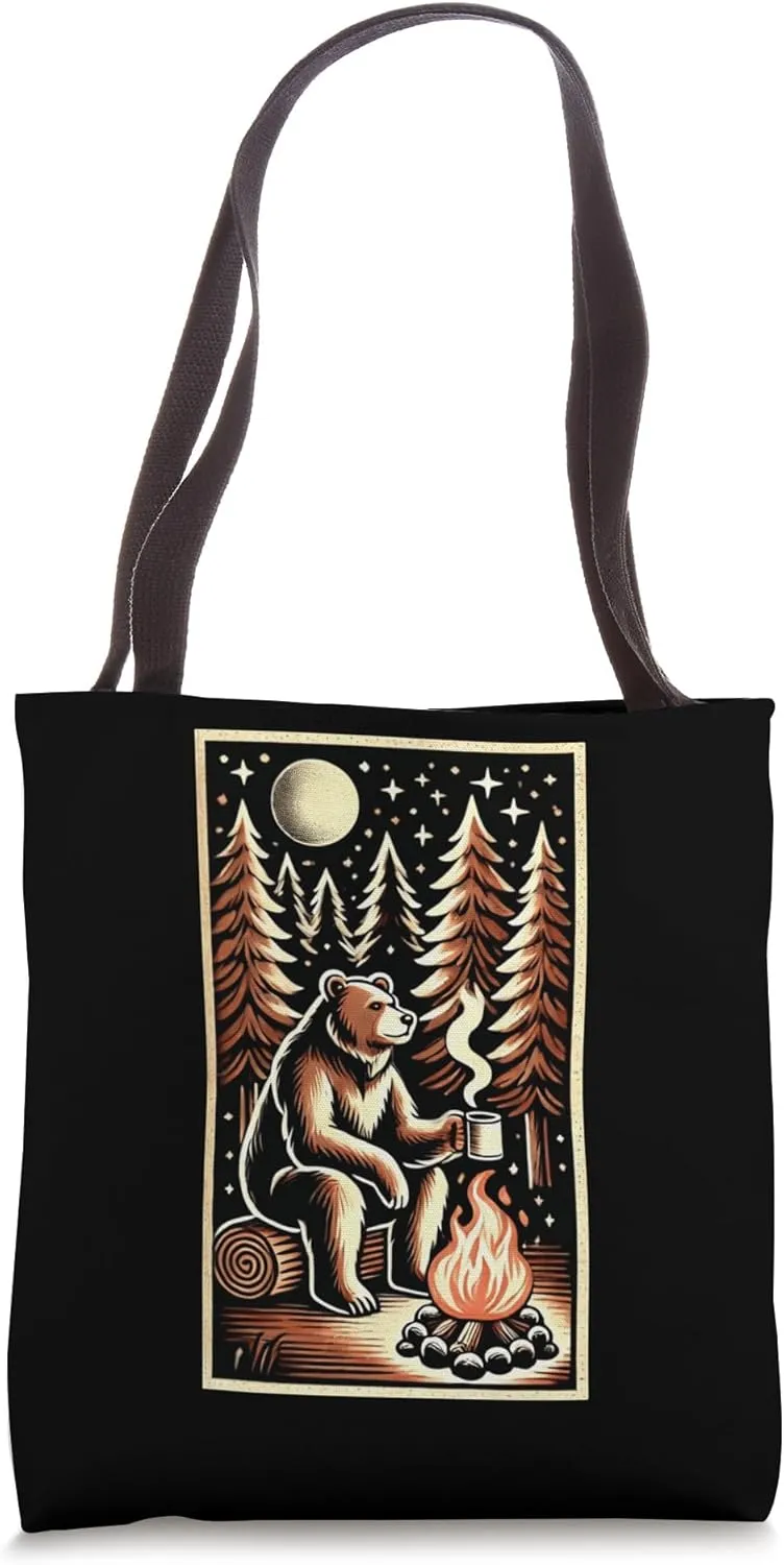 Classic Camp Fire Hiking Wilderness Cozy Camping Bear Tote Bag