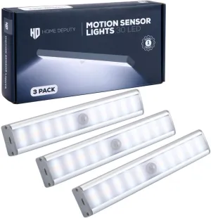 Closet Lights Motion Sensored - Wireless Cabinet LED Lights - Cordless Lights for Closets - 30 LED, 3 Brightness Settings, Rechargable, Triple Charge Cable, Motion Sensor - 3 Pack