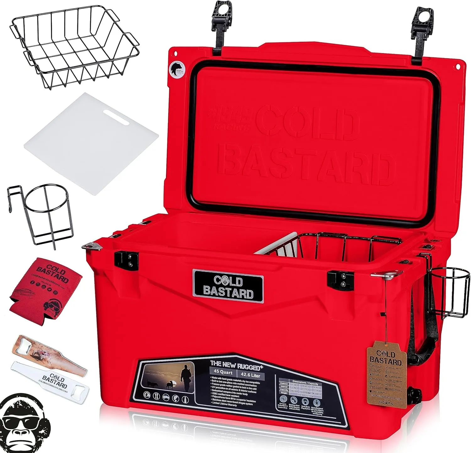 COLD BASTARD 45QT Rugged  RED NEON Best Premium Ice Chest Cooler Accessories Free S and H (CB45-RN)