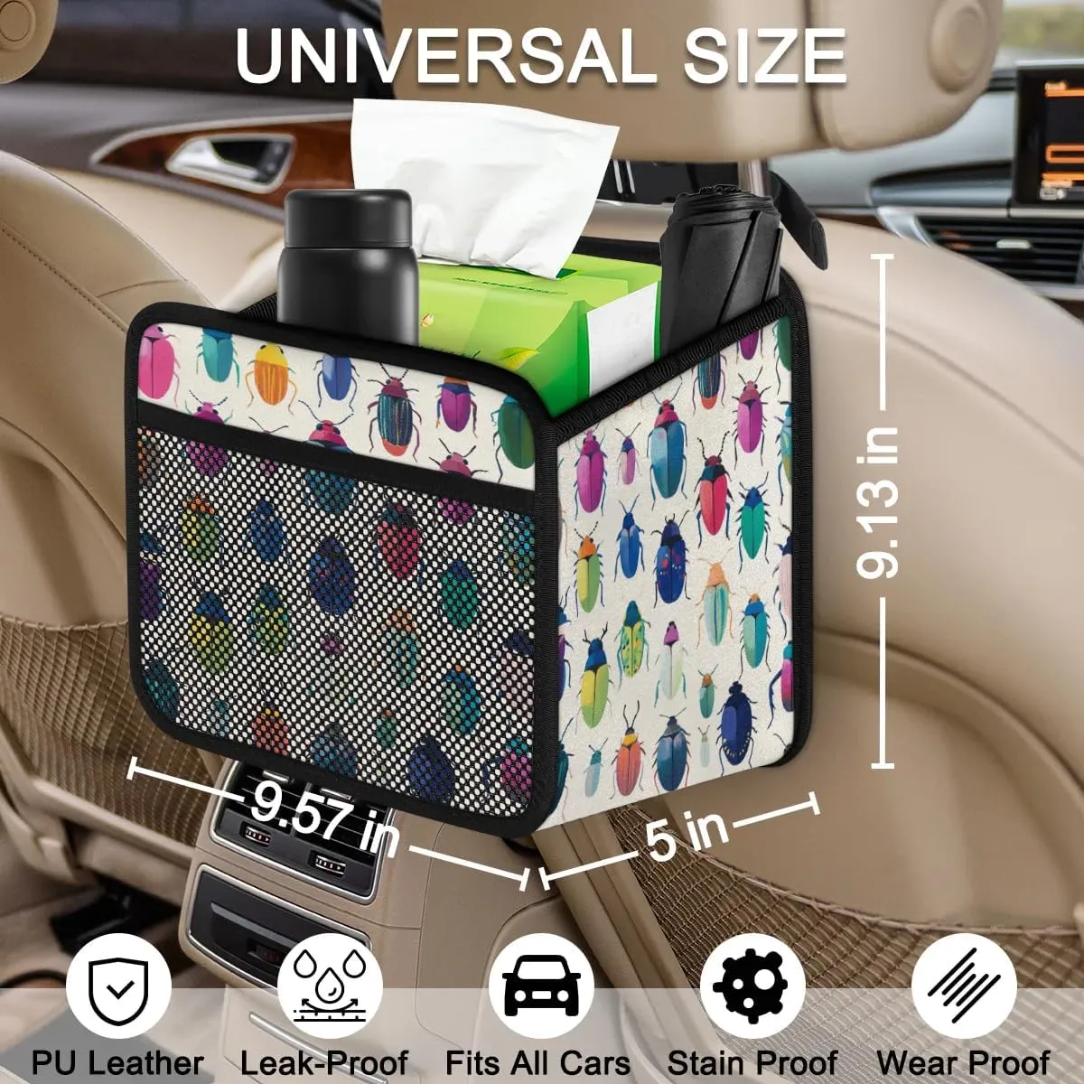 Colorful Beetles Car Backseat Organizer PU Leather Automotive Back Seat Storage Bag Universal Hanging Garbage Box Travel Accessories Foldable