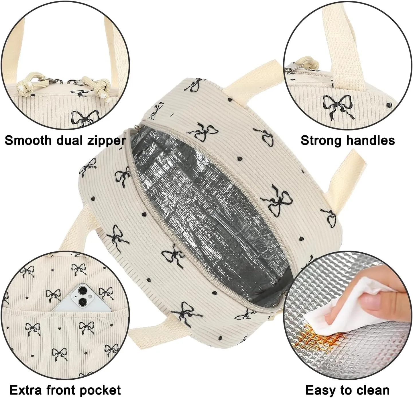 Corduroy Lunch Box for Women Girls, Cooler Lunch Bags Reusable Insulated Lunchbox for Picnic School Work Travel (Bow Tie)