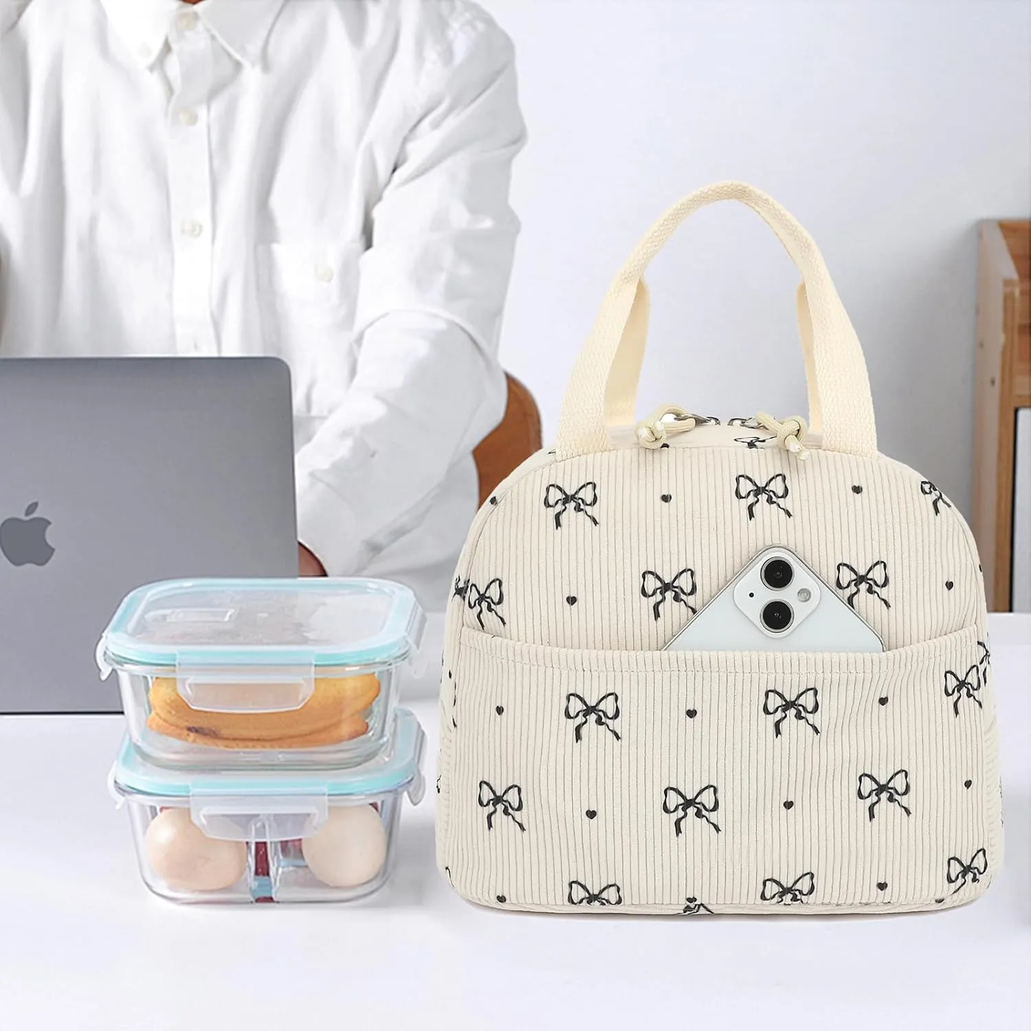 Corduroy Lunch Box for Women Girls, Cooler Lunch Bags Reusable Insulated Lunchbox for Picnic School Work Travel (Bow Tie)