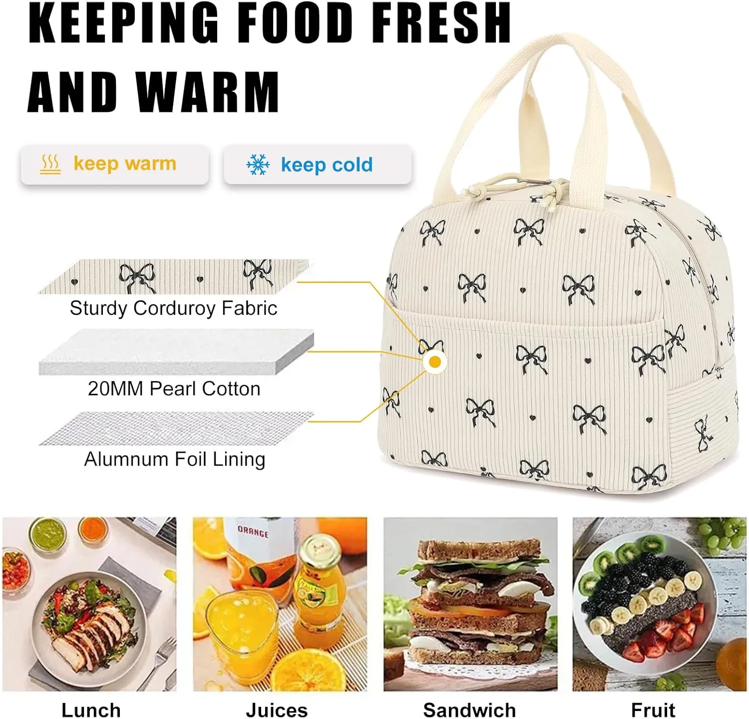 Corduroy Lunch Box for Women Girls, Cooler Lunch Bags Reusable Insulated Lunchbox for Picnic School Work Travel (Bow Tie)