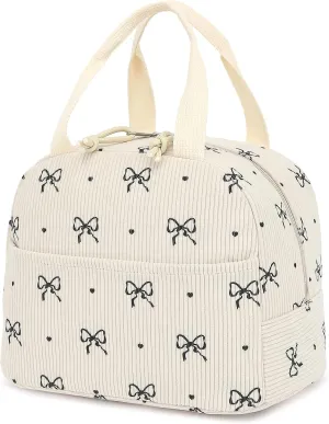 Corduroy Lunch Box for Women Girls, Cooler Lunch Bags Reusable Insulated Lunchbox for Picnic School Work Travel (Bow Tie)