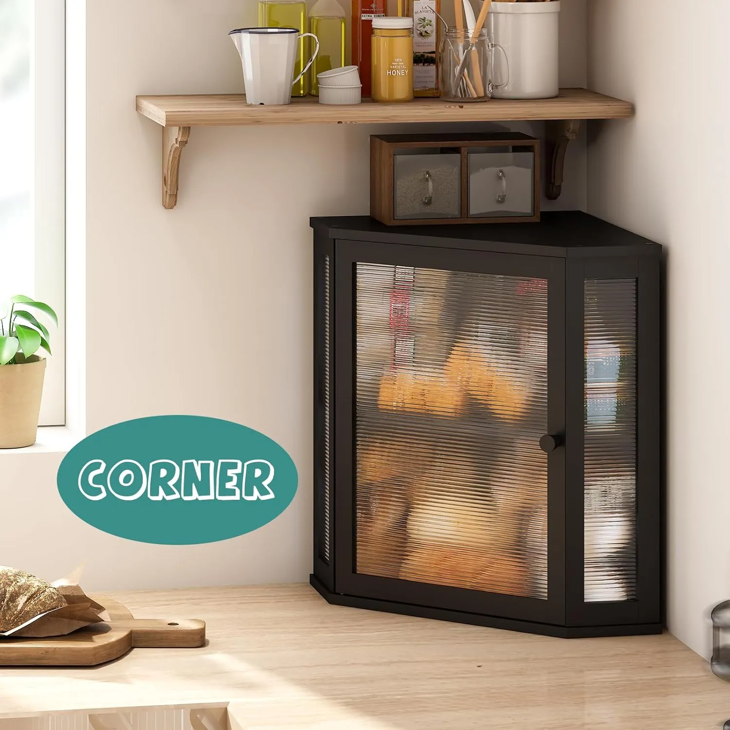 Corner Bread Box for Kitchen Counter, Bamboo Wood Large Capacity Bread Storage Bin with Acrylic Wavy Door Panel (Black, Extra Large)