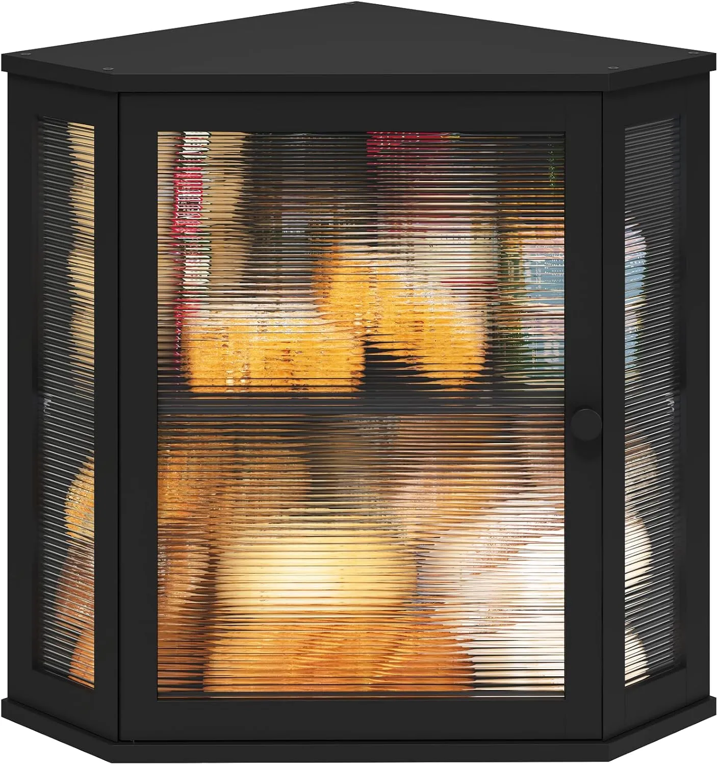 Corner Bread Box for Kitchen Counter, Bamboo Wood Large Capacity Bread Storage Bin with Acrylic Wavy Door Panel (Black, Extra Large)