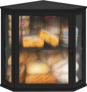 Corner Bread Box for Kitchen Counter, Bamboo Wood Large Capacity Bread Storage Bin with Acrylic Wavy Door Panel (Black, Extra Large)