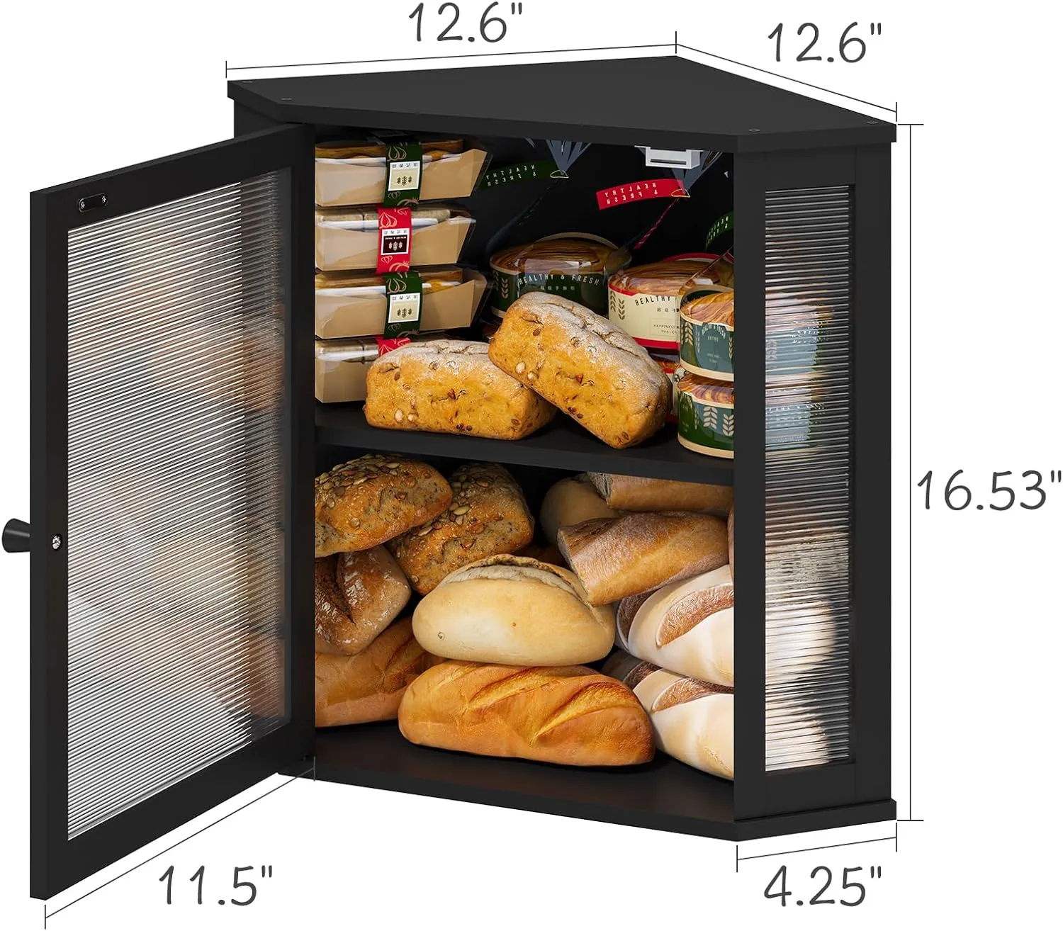 Corner Bread Box for Kitchen Counter, Bamboo Wood Large Capacity Bread Storage Bin with Acrylic Wavy Door Panel (Black, Extra Large)