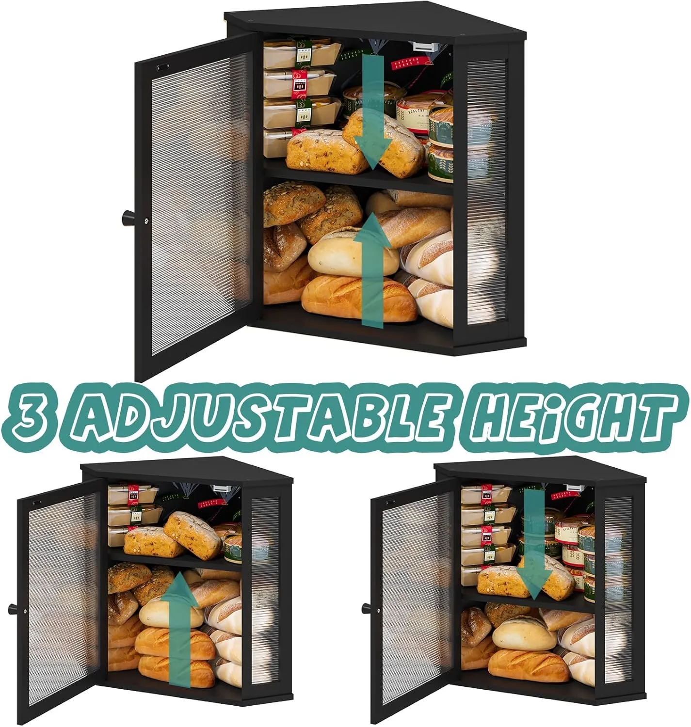 Corner Bread Box for Kitchen Counter, Bamboo Wood Large Capacity Bread Storage Bin with Acrylic Wavy Door Panel (Black, Extra Large)