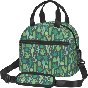 Cute Cactus Seamless Illustration Print Foods Insulated Lunch Bag Cute Tote Box Leakproof Cooler Adjustable Shoulder Strap