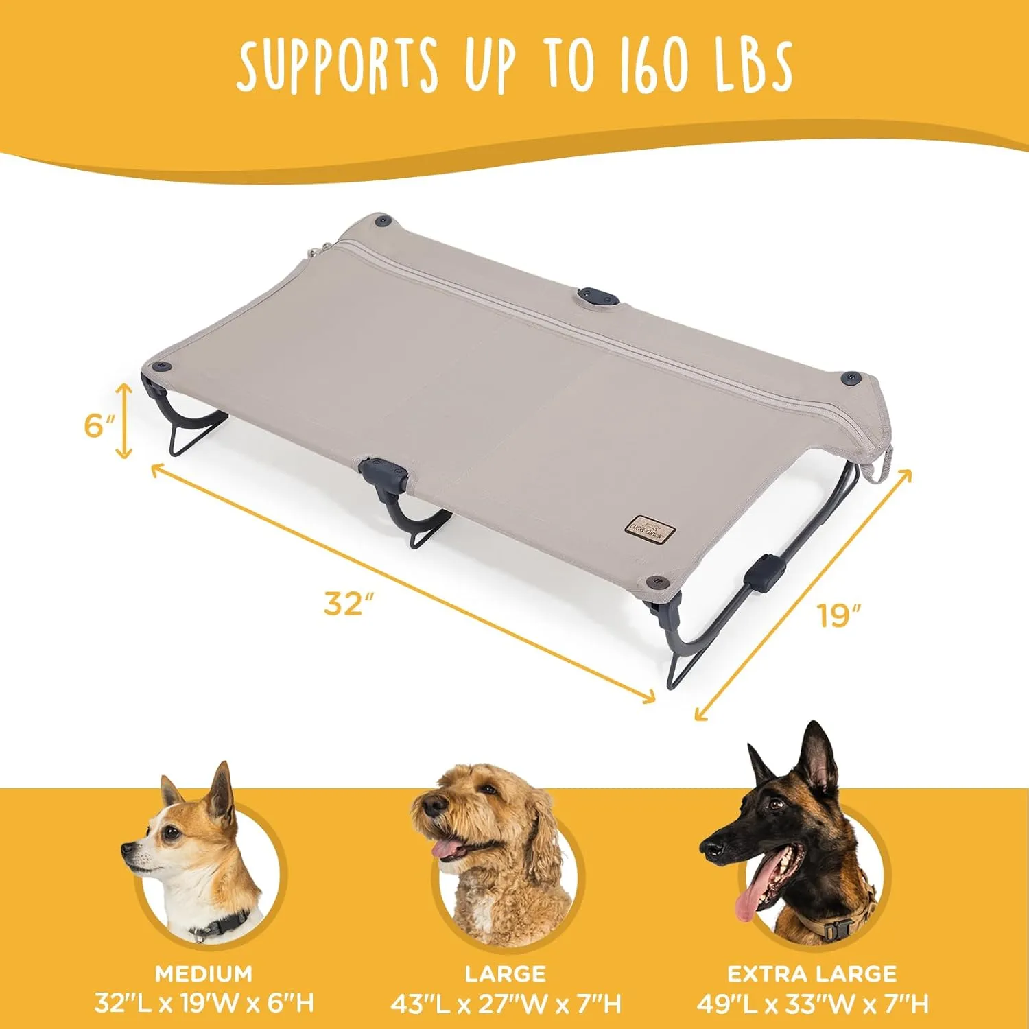 Daisy Cot, Medium Foldable Elevated Dog Bed, Portable Raised Outdoor Folding Dog Cot, Cooling, Chew Proof, Waterproof, Heavy Duty Up to 160 lbs for Camping/Home, Tan, 32"x 19"x6"