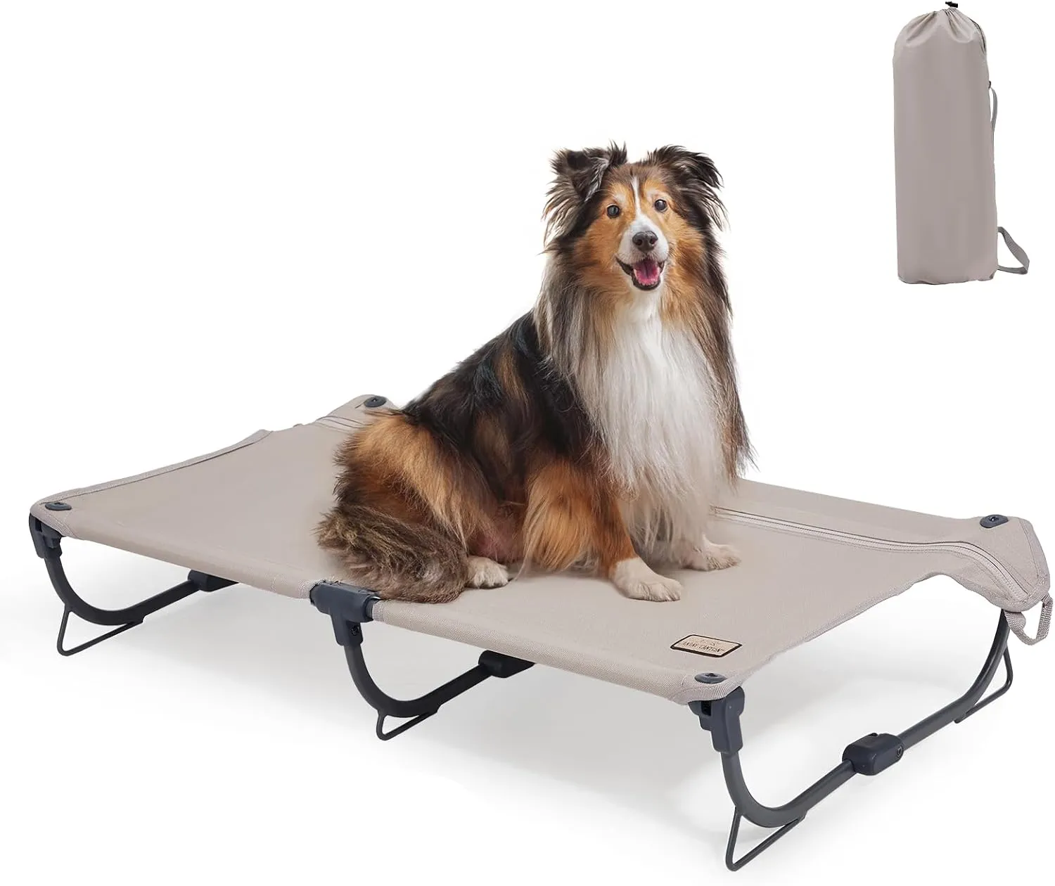 Daisy Cot, Medium Foldable Elevated Dog Bed, Portable Raised Outdoor Folding Dog Cot, Cooling, Chew Proof, Waterproof, Heavy Duty Up to 160 lbs for Camping/Home, Tan, 32"x 19"x6"