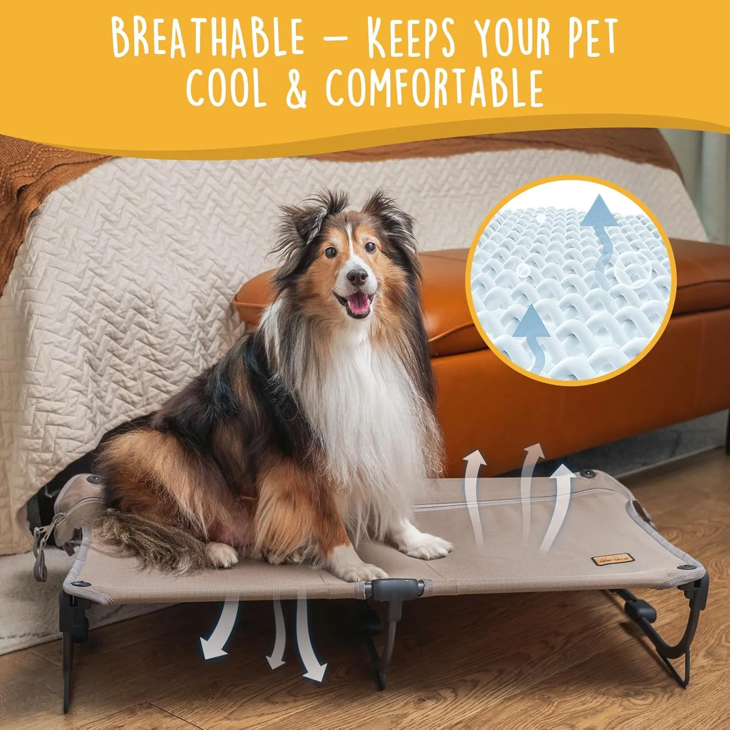 Daisy Cot, Medium Foldable Elevated Dog Bed, Portable Raised Outdoor Folding Dog Cot, Cooling, Chew Proof, Waterproof, Heavy Duty Up to 160 lbs for Camping/Home, Tan, 32"x 19"x6"
