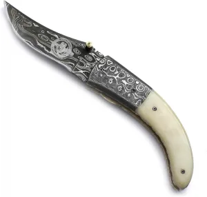 Damascus Handmade Folding Pocket Bowie Knife for Hunting,Survival,Camping,Bushcraft and Fishing with Traling Point Blade-Full Tang Bone Handle with Leather Sheath WFD-2535