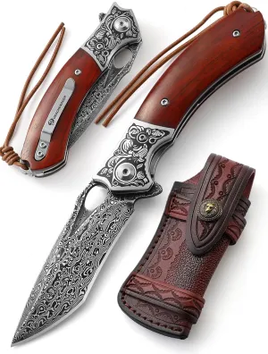 Damascus Steel Pocket Knife With Beautiful Leather Sheath, Outdoor Folding VG10 Core Wooden Handle Gift for Knife Lovers and Outdoor Enthusiasts