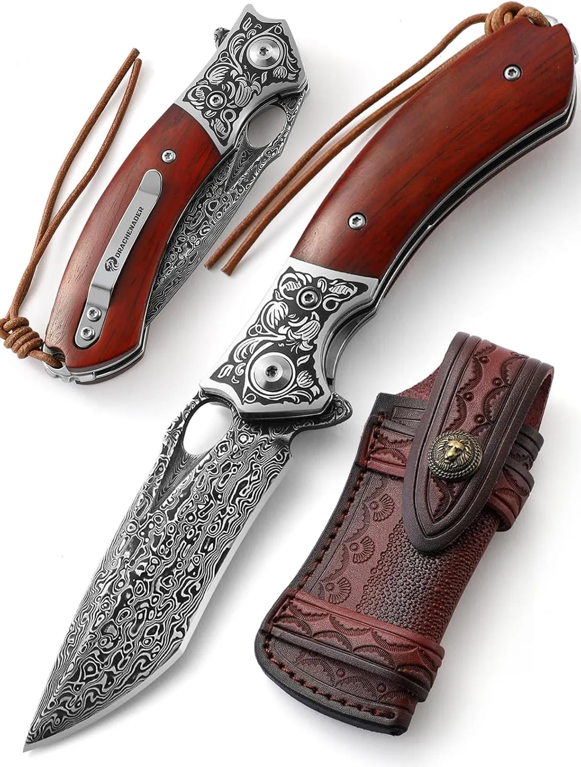 Damascus Steel Pocket Knife With Beautiful Leather Sheath, Outdoor Folding VG10 Core Wooden Handle Gift for Knife Lovers and Outdoor Enthusiasts