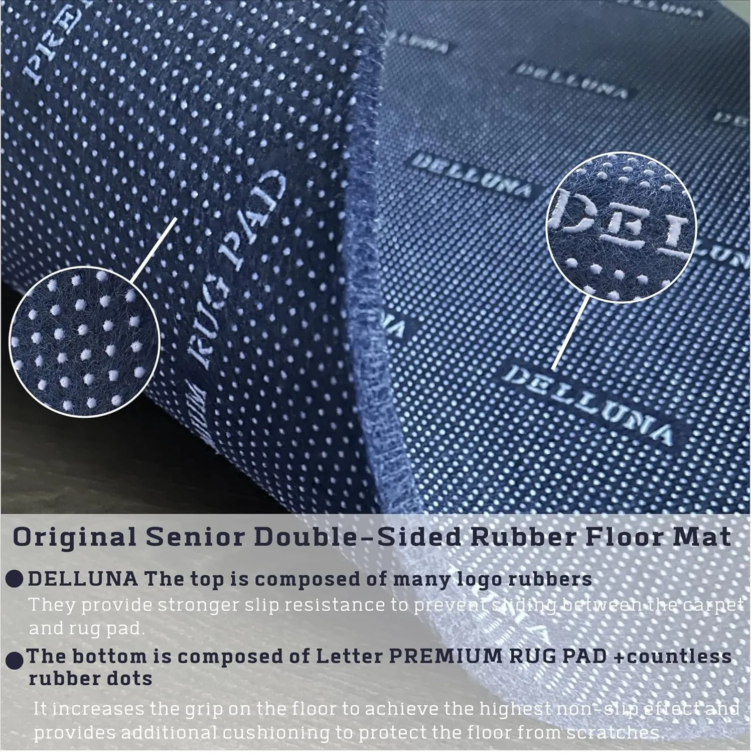 DELLUNA Non-Slip Area Rug Pad 8'x10', 3/8" Thick Double Side Rubber   Felt, Premium Deluxe Cushioned- Safe for All Floors, Adds Comfort and Protection, Ultra Strong Grip, Stop Rug from Moving.