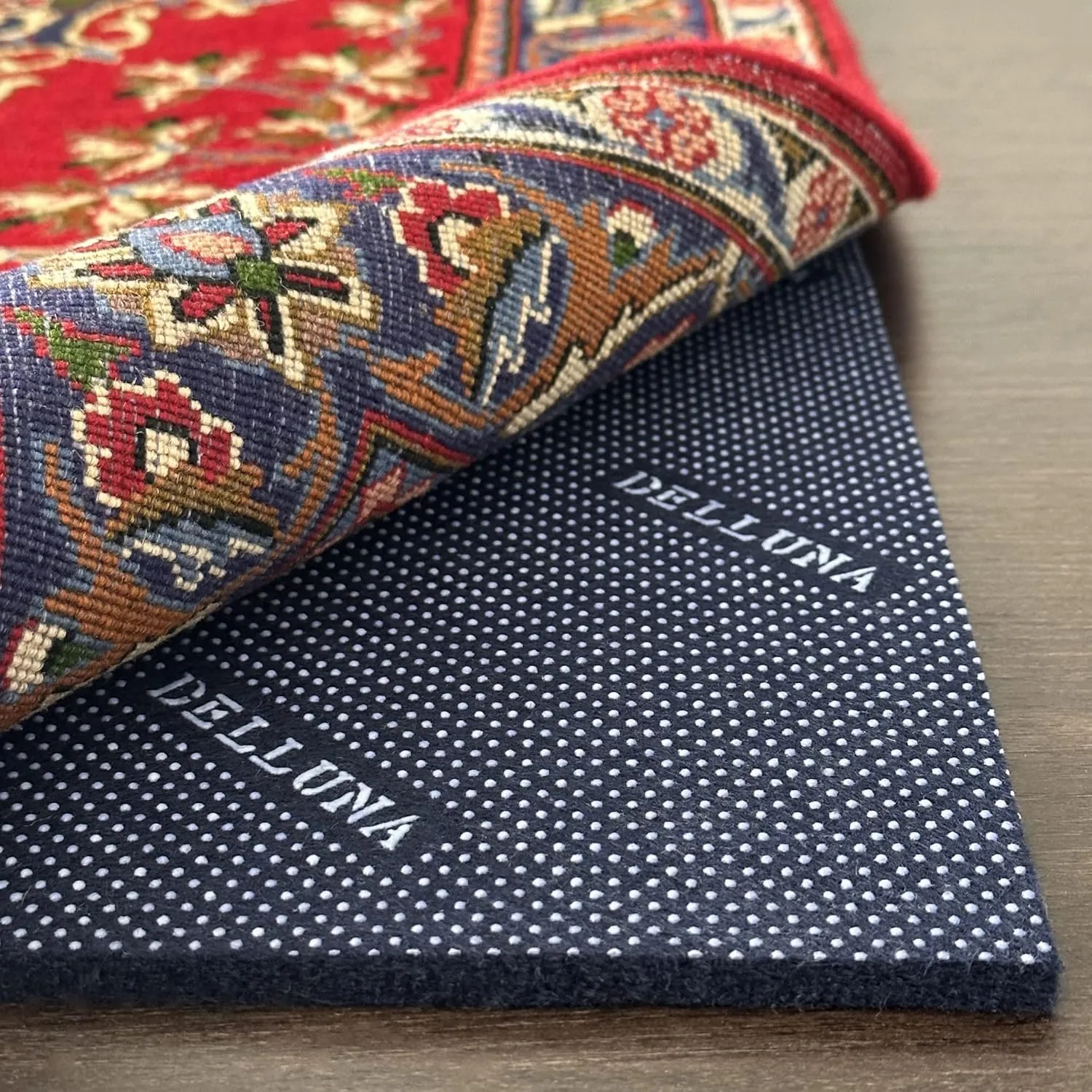 DELLUNA Non-Slip Area Rug Pad 8'x10', 3/8" Thick Double Side Rubber   Felt, Premium Deluxe Cushioned- Safe for All Floors, Adds Comfort and Protection, Ultra Strong Grip, Stop Rug from Moving.