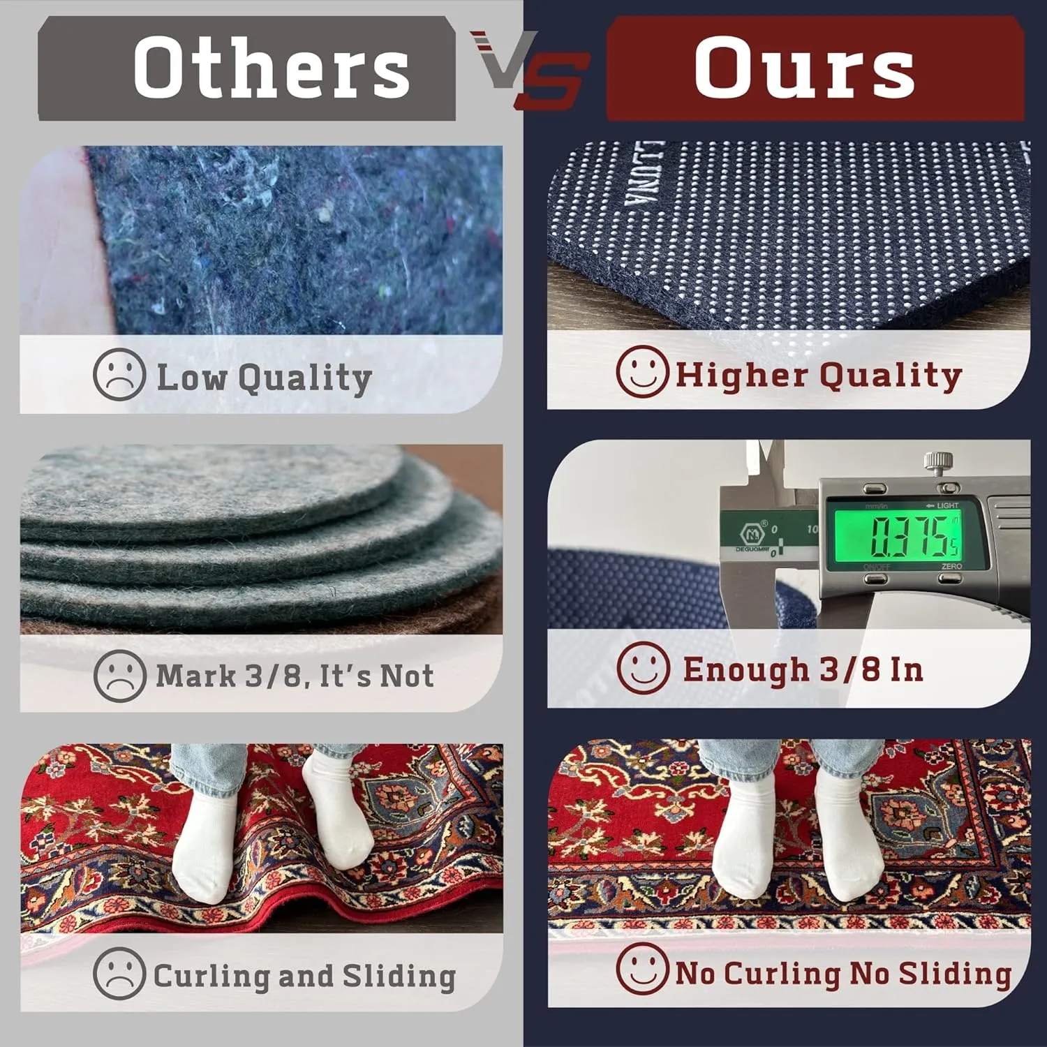 DELLUNA Non-Slip Area Rug Pad 8'x10', 3/8" Thick Double Side Rubber   Felt, Premium Deluxe Cushioned- Safe for All Floors, Adds Comfort and Protection, Ultra Strong Grip, Stop Rug from Moving.