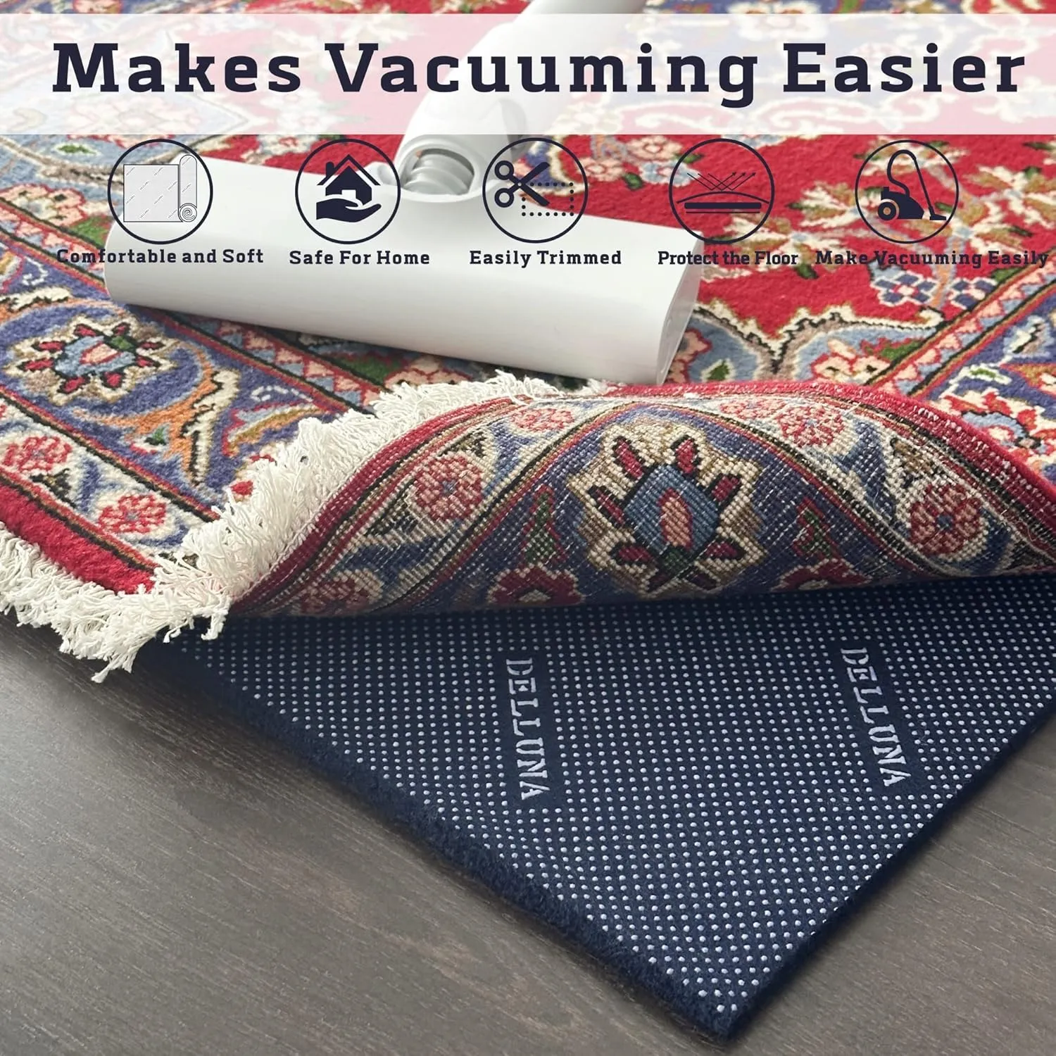 DELLUNA Non-Slip Area Rug Pad 8'x10', 3/8" Thick Double Side Rubber   Felt, Premium Deluxe Cushioned- Safe for All Floors, Adds Comfort and Protection, Ultra Strong Grip, Stop Rug from Moving.