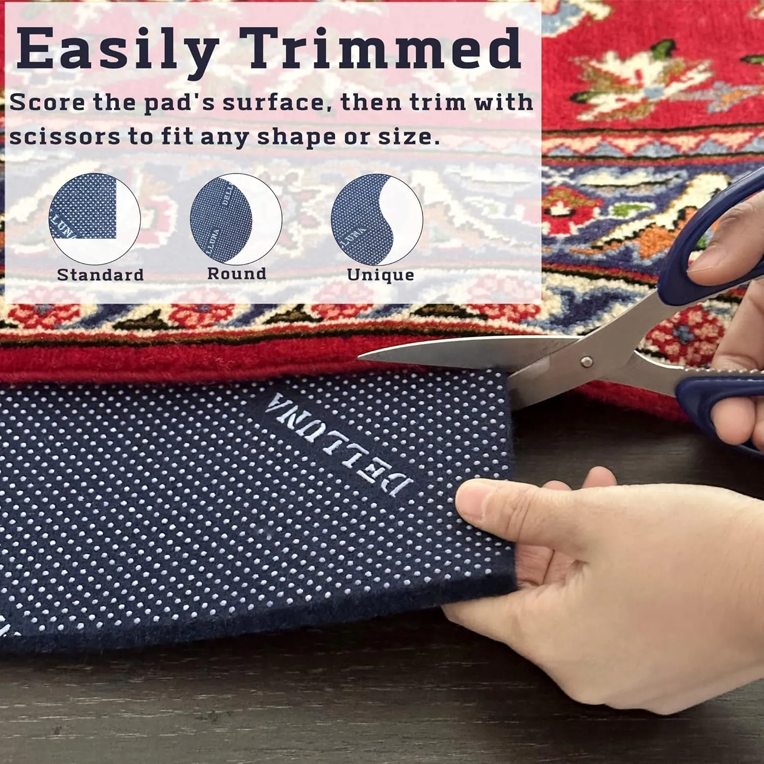 DELLUNA Non-Slip Area Rug Pad 8'x10', 3/8" Thick Double Side Rubber   Felt, Premium Deluxe Cushioned- Safe for All Floors, Adds Comfort and Protection, Ultra Strong Grip, Stop Rug from Moving.