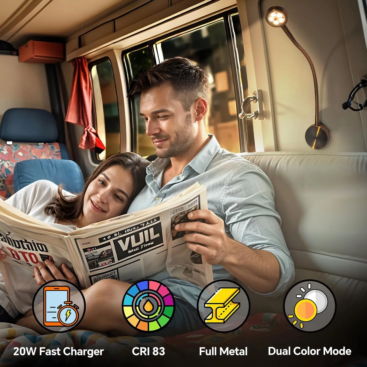 Dimmable RV Reading Light, Aluminum 12V LED Reading Light with USB-C Charger, Red Light & Flexible Gooseneck & Convenient Light Head Switch, Designed for Camper Van Boat DC12-24V (Sliver)