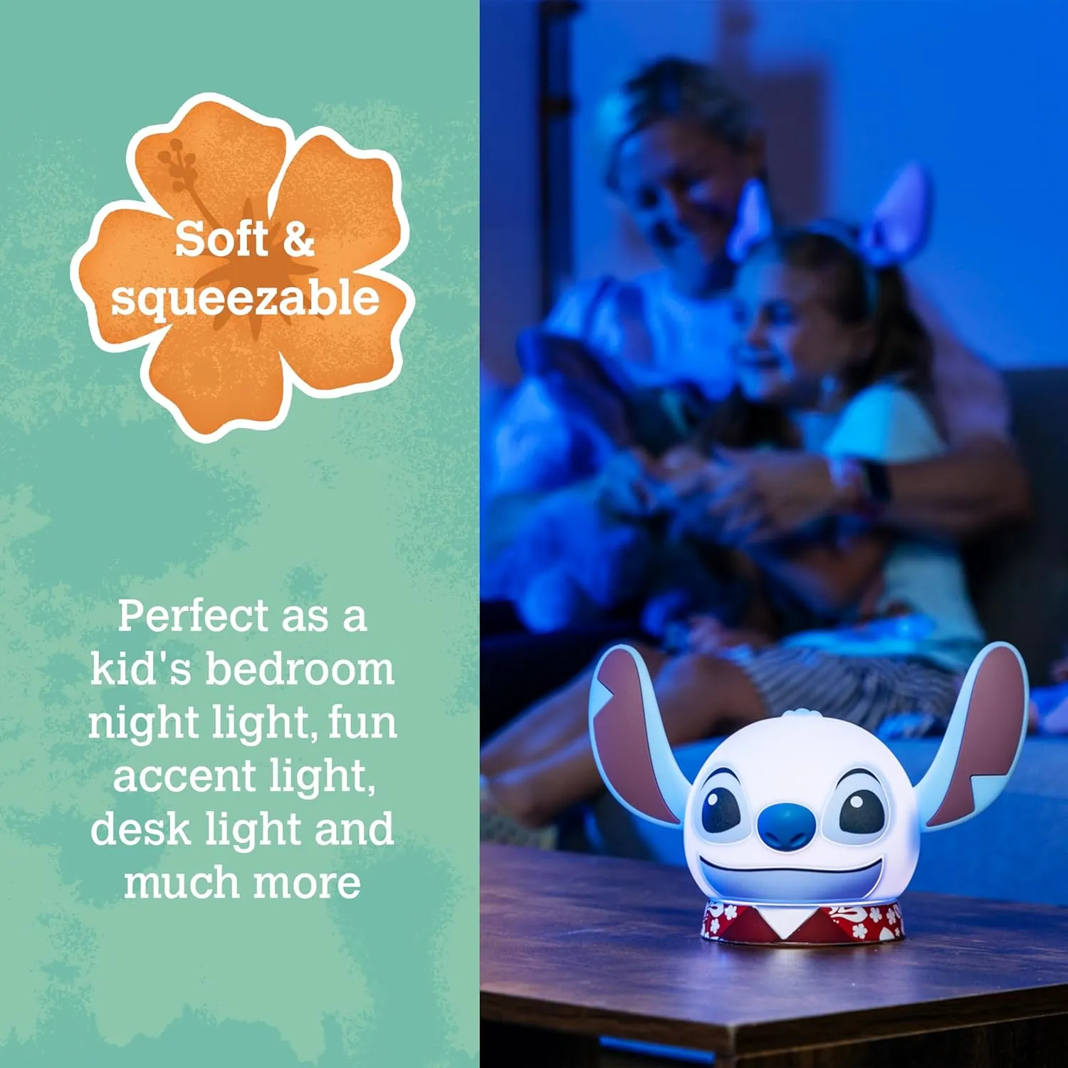 Disney Lilo and Stitch Squish Light, Night Light for Kids, USB Lamp, Battery Operated, Dimmable, Ideal for Bedroom, Playroom, Living Room, and More, 83063