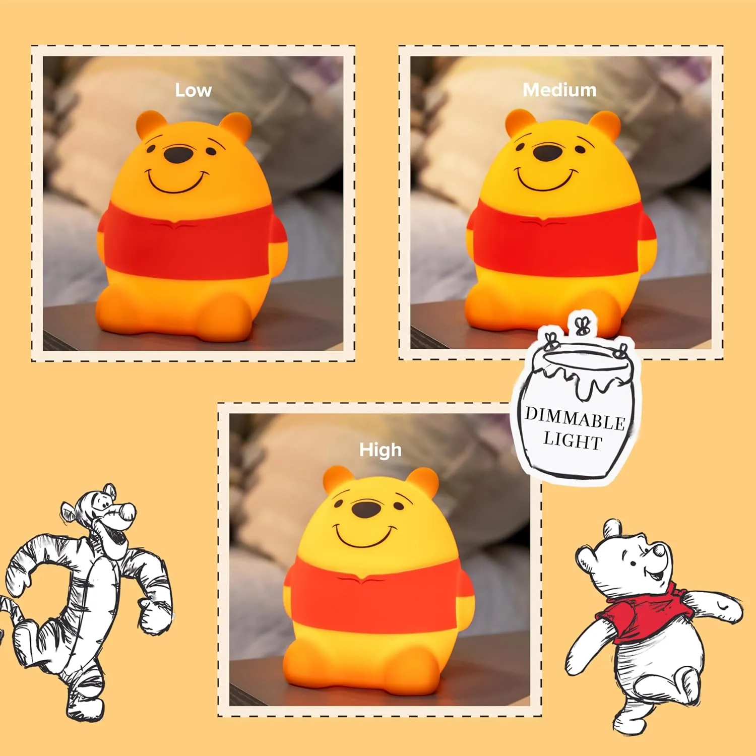 Disney Winnie The Pooh Squish Light, Night Light for Kids, USB Lamp, Battery Operated, Dimmable, Ideal for Bedroom, Playroom, Living Room, and More, 83189