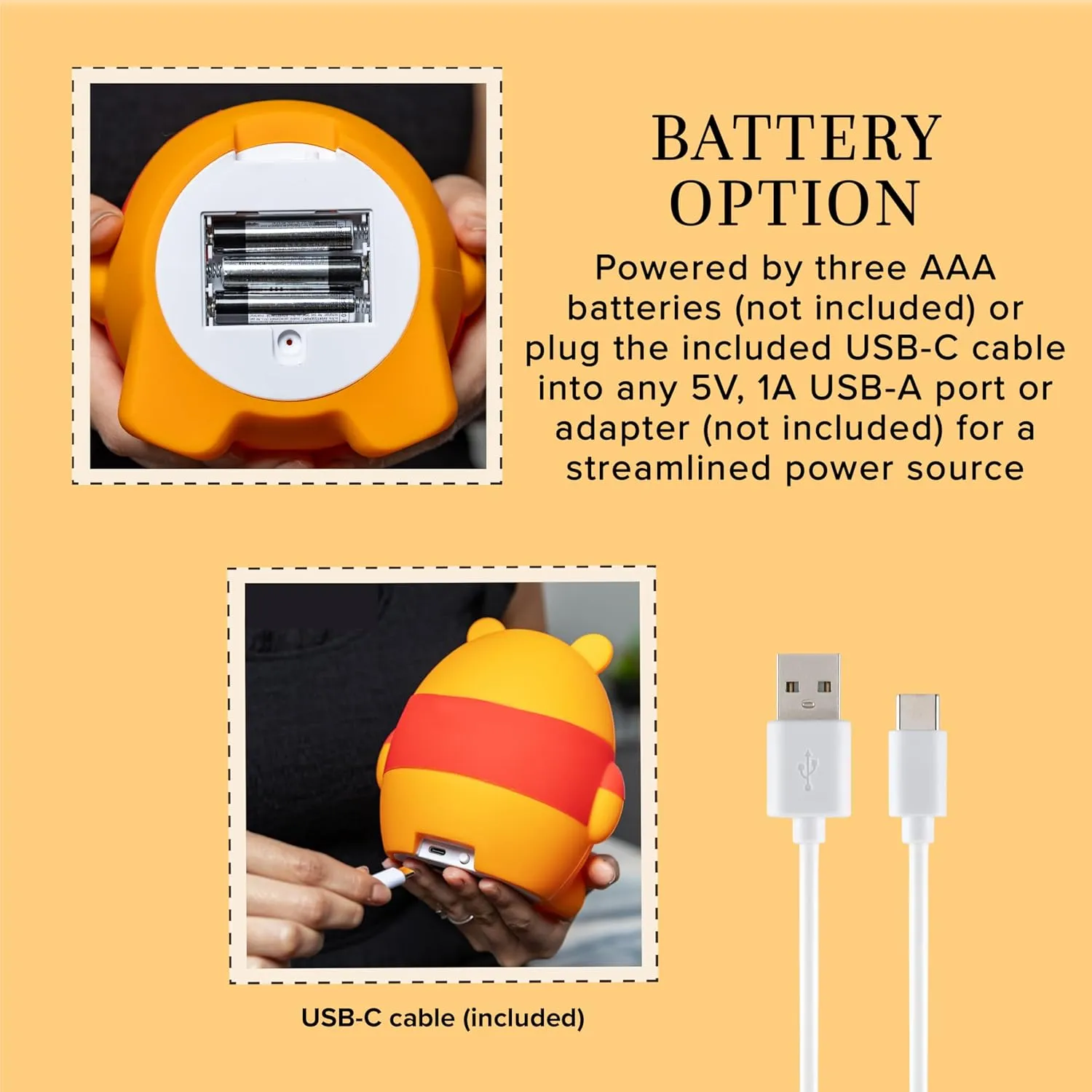 Disney Winnie The Pooh Squish Light, Night Light for Kids, USB Lamp, Battery Operated, Dimmable, Ideal for Bedroom, Playroom, Living Room, and More, 83189