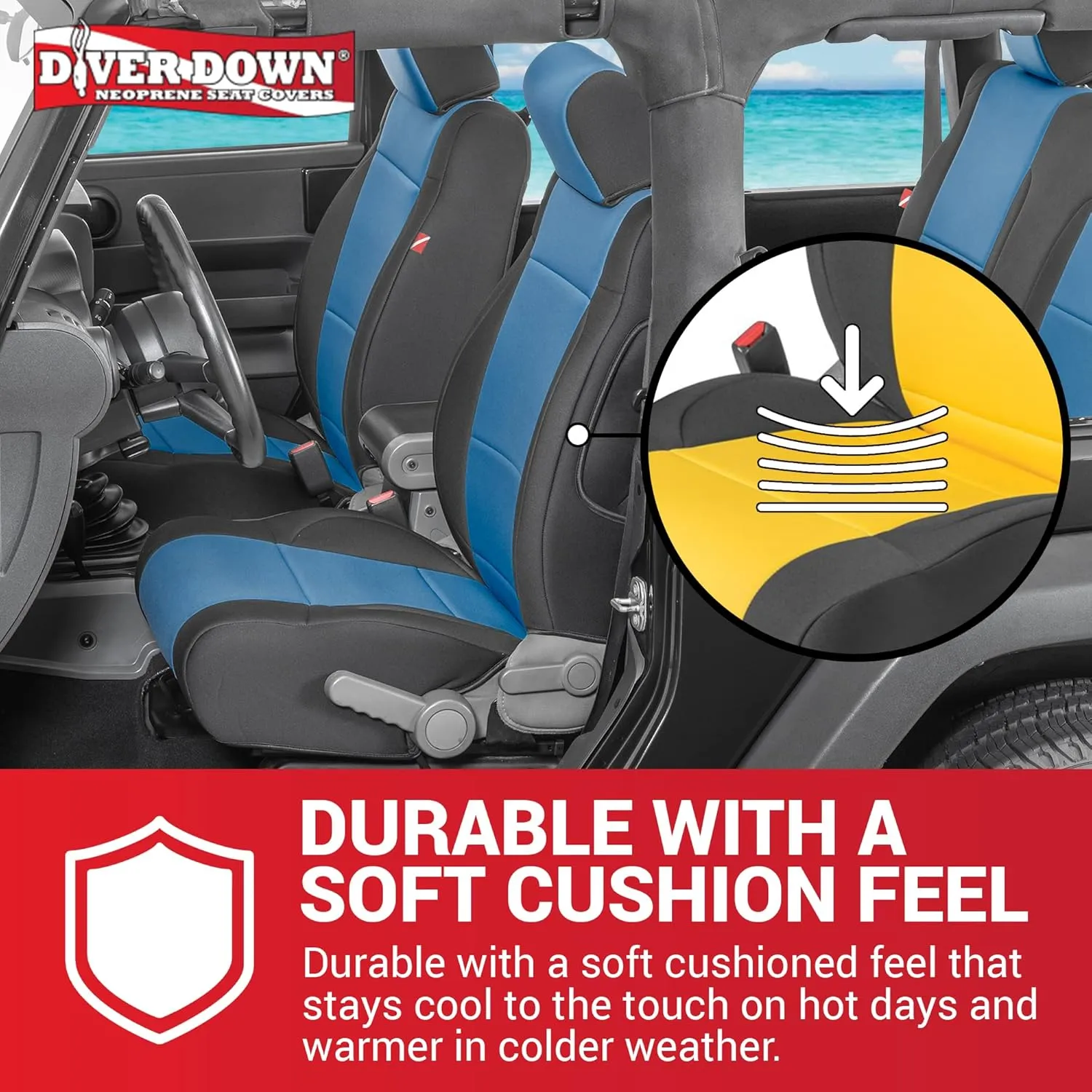 Diver Down Neoprene Seat Cover Set - Fits Jeep JK 2007-2018 Wrangler - Front and Back Seat Set - Waterproof Custom Fit Seat Covers - Soft Padded Thermal Resistant Cushion - (Red, 2DR, 07-10)