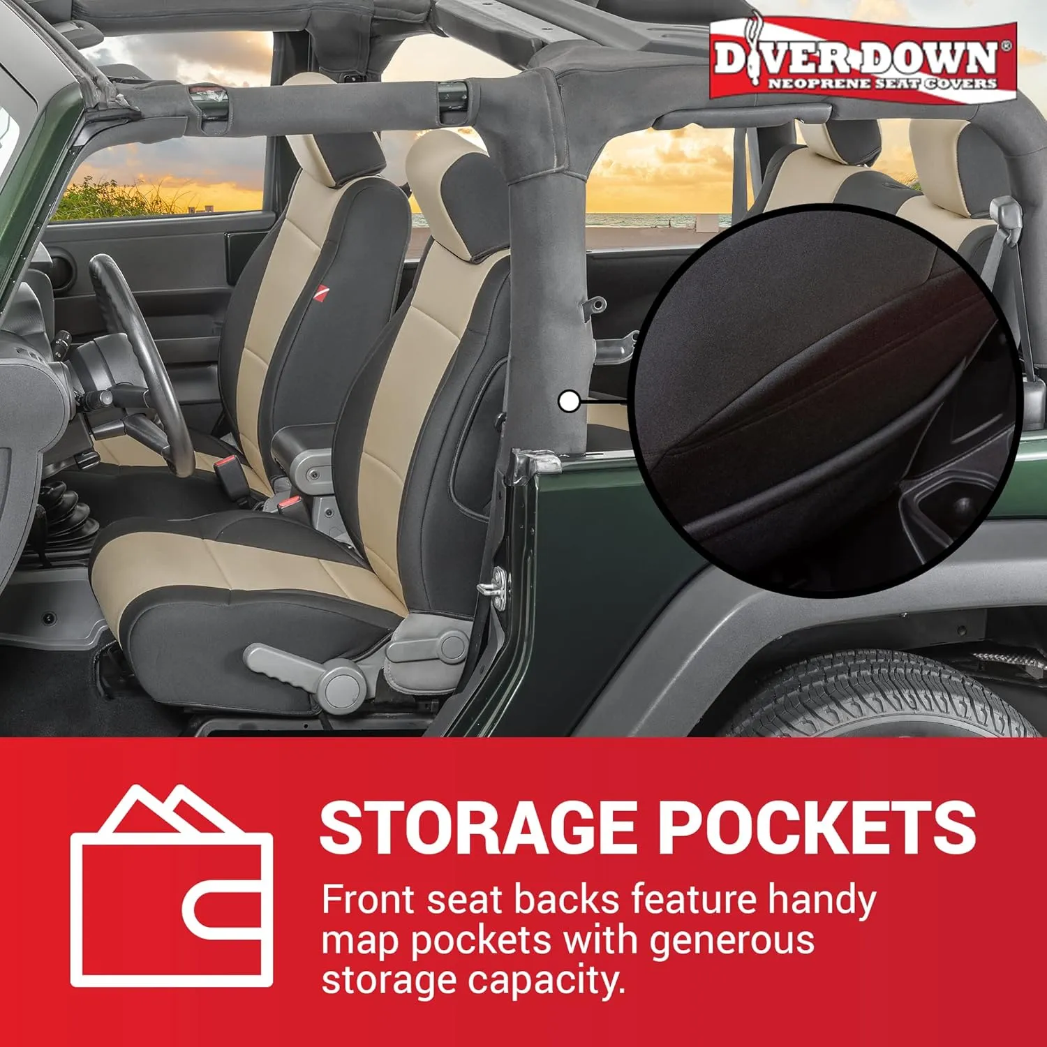 Diver Down Neoprene Seat Cover Set - Fits Jeep JK 2007-2018 Wrangler - Front and Back Seat Set - Waterproof Custom Fit Seat Covers - Soft Padded Thermal Resistant Cushion - (Red, 2DR, 07-10)