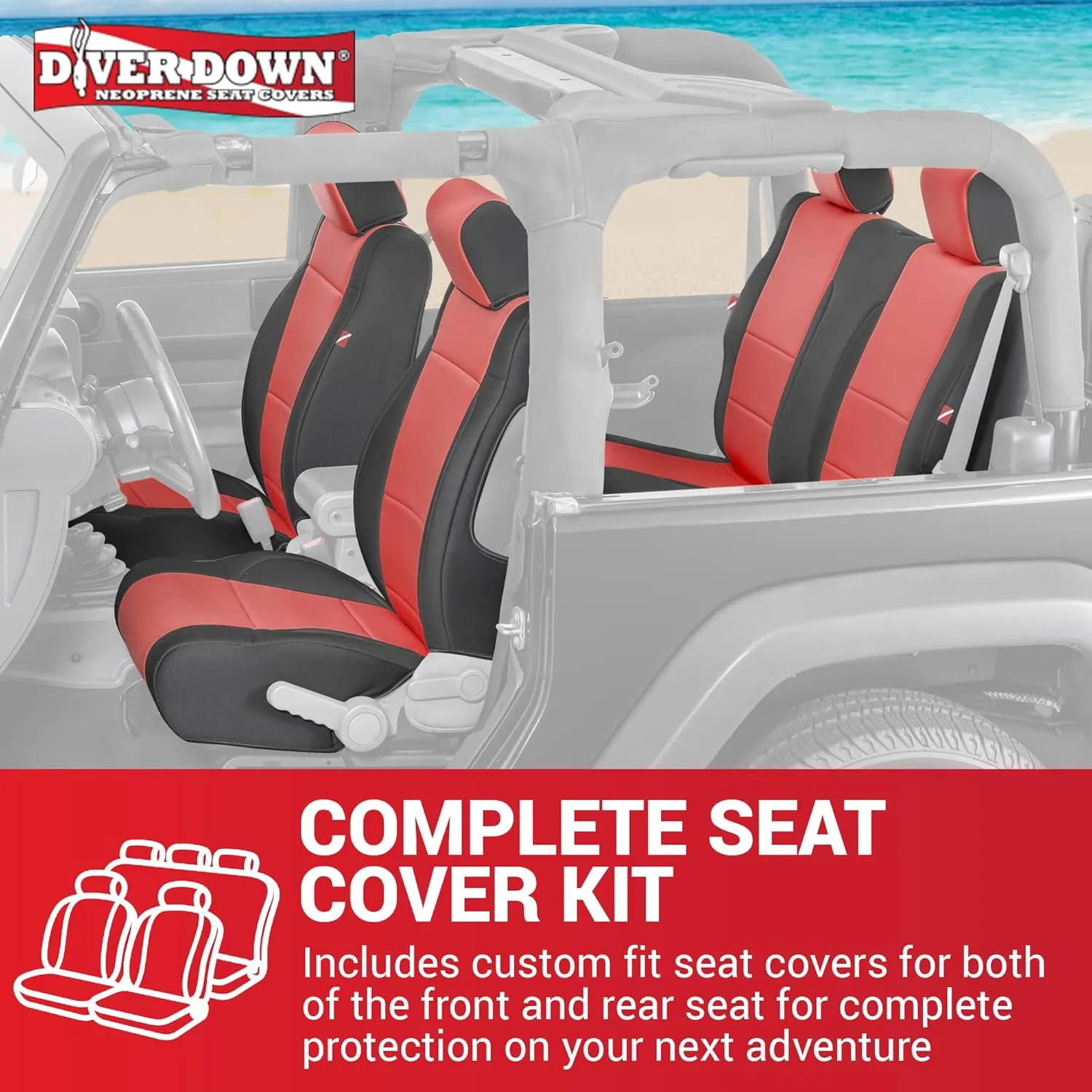 Diver Down Neoprene Seat Cover Set - Fits Jeep JK 2007-2018 Wrangler - Front and Back Seat Set - Waterproof Custom Fit Seat Covers - Soft Padded Thermal Resistant Cushion - (Red, 2DR, 07-10)